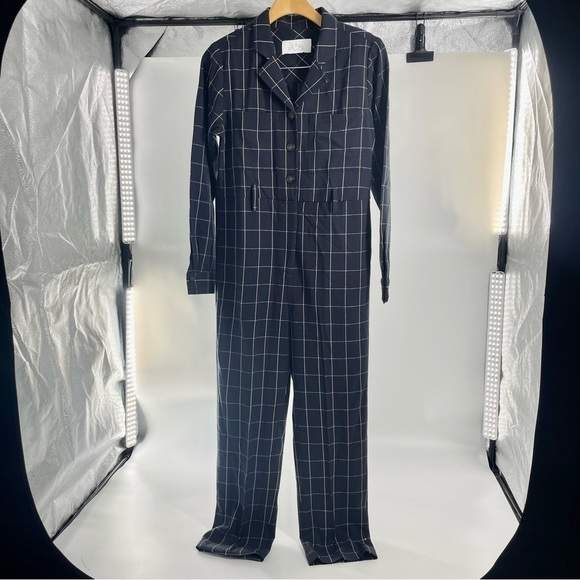 PEARL Lela Rose Navy Blue Checkered Plaid Long Sleeve Collared Minimal Jumpsuit - Picture 2 of 13